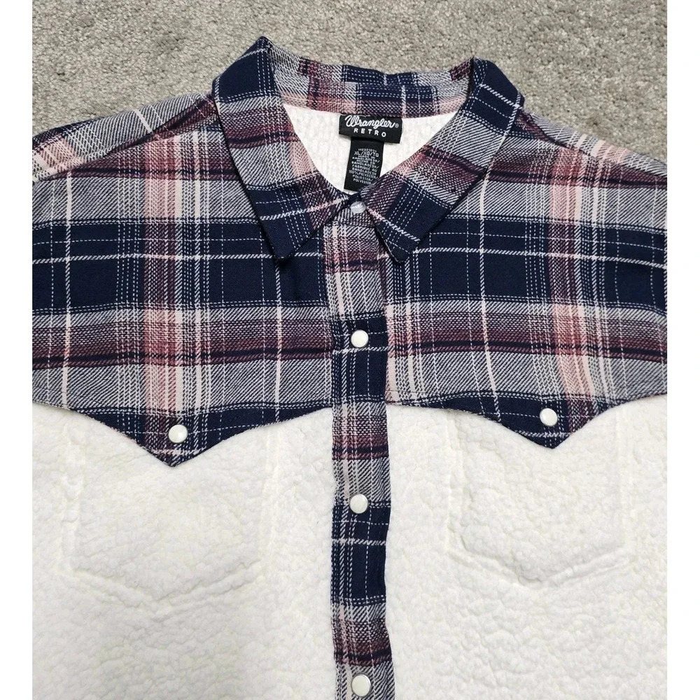 Wrangler Retro Western Plaid Sherpa‎ Shacket Jacket Womens XL White Pearl Snap